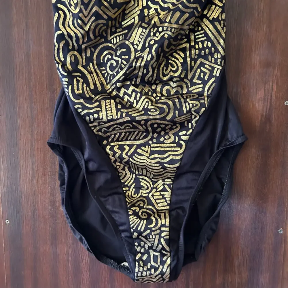 Vintage 90's Athena Black and Gold Patterned One Piece Swimsuit Size 10
